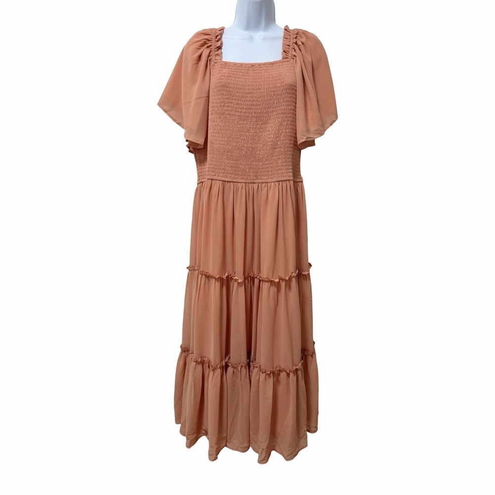 Ivy City Co Smocked Tiered Flutter Sleeve Midi Dress Size XL Peach Modest Church